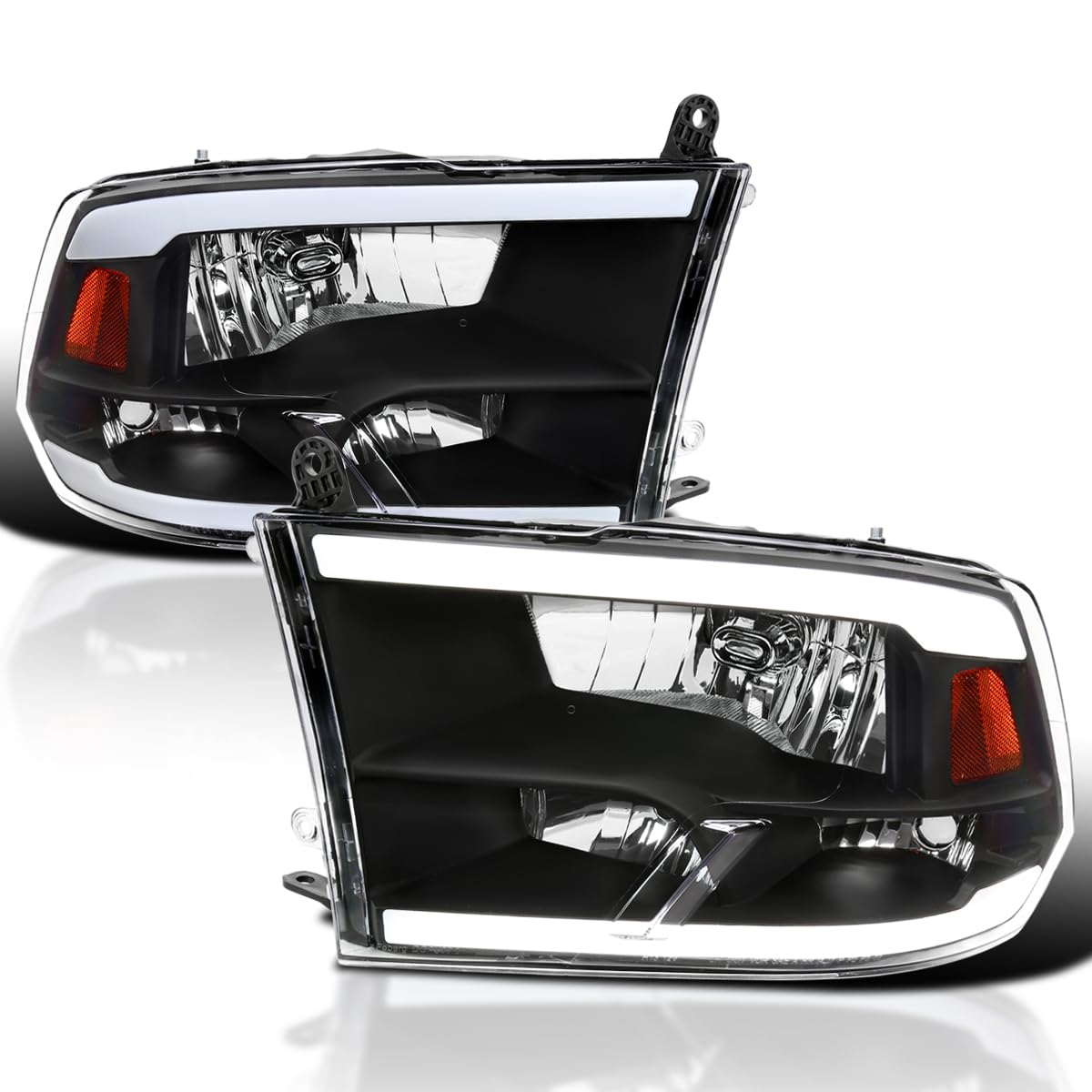 Black SPEC-D TUNING Headlights w/LED Tube Compatible with 2009-2018 Dodge Ram 1500 2500 3500 Quad Style, Left + Right Assembly