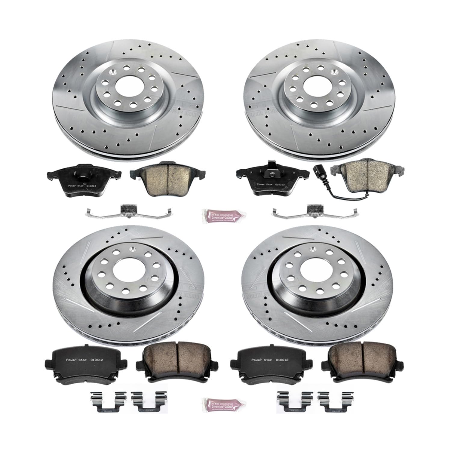 Power Stop K5471 Z23 Carbon Fiber Brake Pads Front and Rear with Drilled & Slotted Brake Rotors Kit For VW CC, VW Golf R, VW Passat, Volkswage [Model Specific]