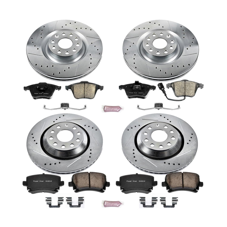 Power Stop K5471 Z23 Carbon Fiber Brake Pads Front and Rear with Drilled & Slotted Brake Rotors Kit For VW CC, VW Golf R, VW Passat, Volkswage [Model Specific]