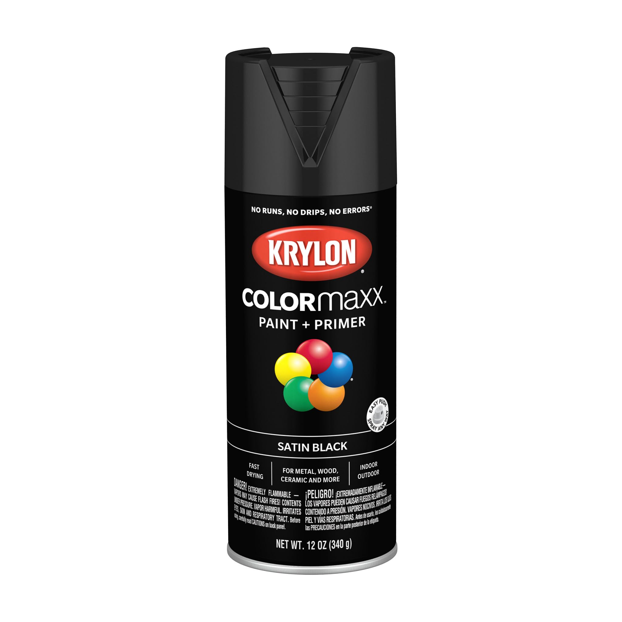 Krylon K05557007 Spray Paint and Primer COLORmaxx for Indoor/Outdoor Use, Satin Black 12 Ounce (Pack of 1)