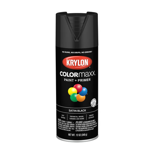 Krylon K05557007 Spray Paint and Primer COLORmaxx for Indoor/Outdoor Use, Satin Black 12 Ounce (Pack of 1)