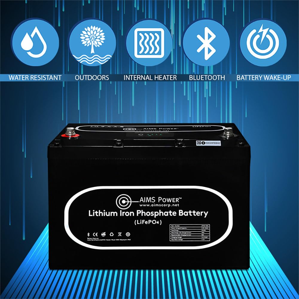 AIMS Lithium 12V LiFePO4 Battery 104Ah with Wake-Up, BT Monitoring & Internal Heater LFP12V104A