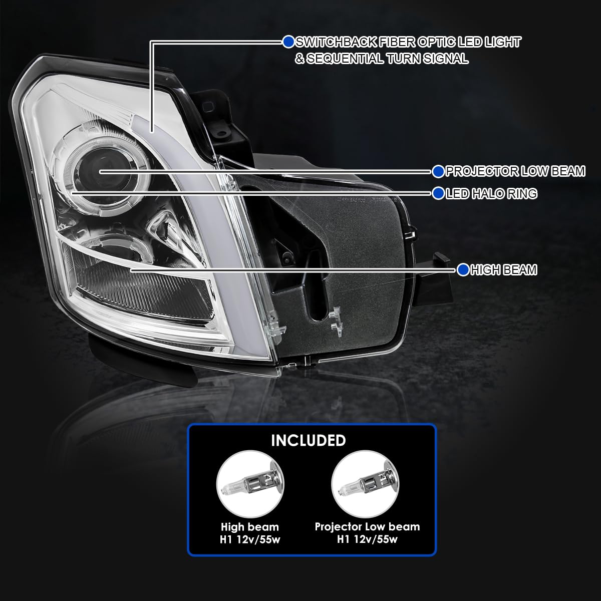 Chrome Halo Projector Headlights SPEC-D TUNING w/Switchback LED Signal Tube Compatible with 2003-2007 Cadillac CTS, Left + Right Pair Headlamps Assembly