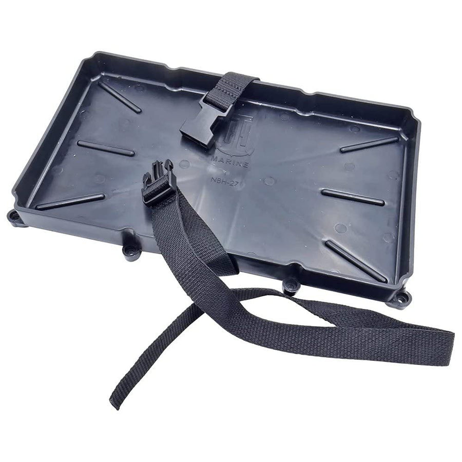 Narrow Battery Tray Holder T-H Marine with Poly Strap – Space Saving NMMA Certified Battery Tray with Recessed Mounting Wells for Marine, RV, and Trolling Motor Installations – Group 27, 12.5" x 7"