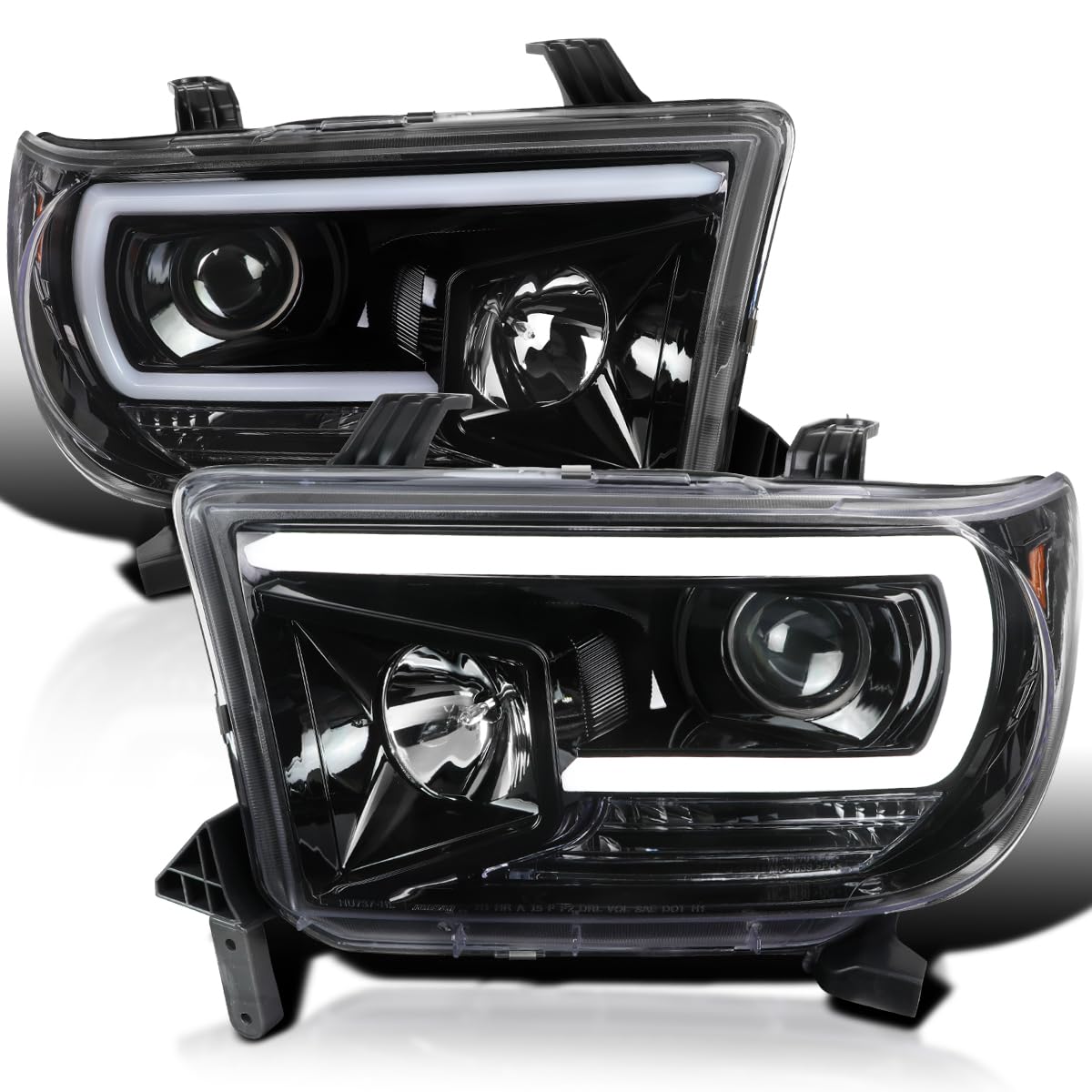 Jet Black SPEC-D TUNING Projector Headlights w/LED Light Bar Compatible with 2007-2013 Toyota Tundra, 2008-2017 Toyota Sequoia, Left + Right Pair Headlamps Assembly