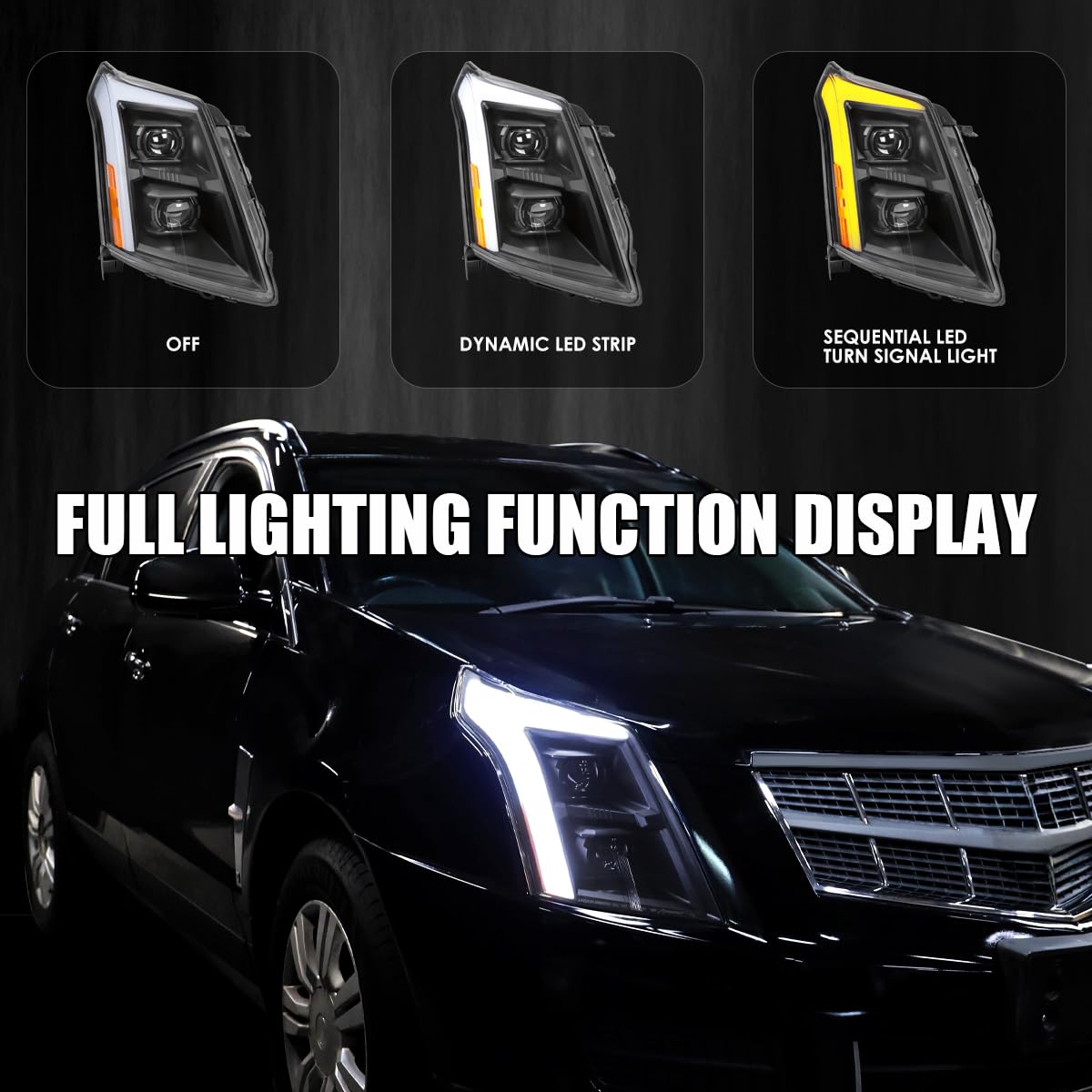Full LED Projector Headlights SPEC-D TUNING w/LED DRL Light Bar, Sequential Signal, and Startup Animation Compatible with 2010-2016 Cadillac SRX, Left + Right Pair Headlamps Assembly