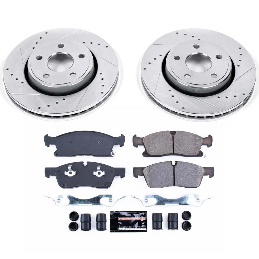 Power Stop K5951 Z23 Carbon Fiber Brake Pads Front with Drilled and Slotted Brake Rotors Brake Kit For 2011-2020 Dodge Durango | 2011 2012 2013 2014 2015 2016 Jeep Grand Cherokee