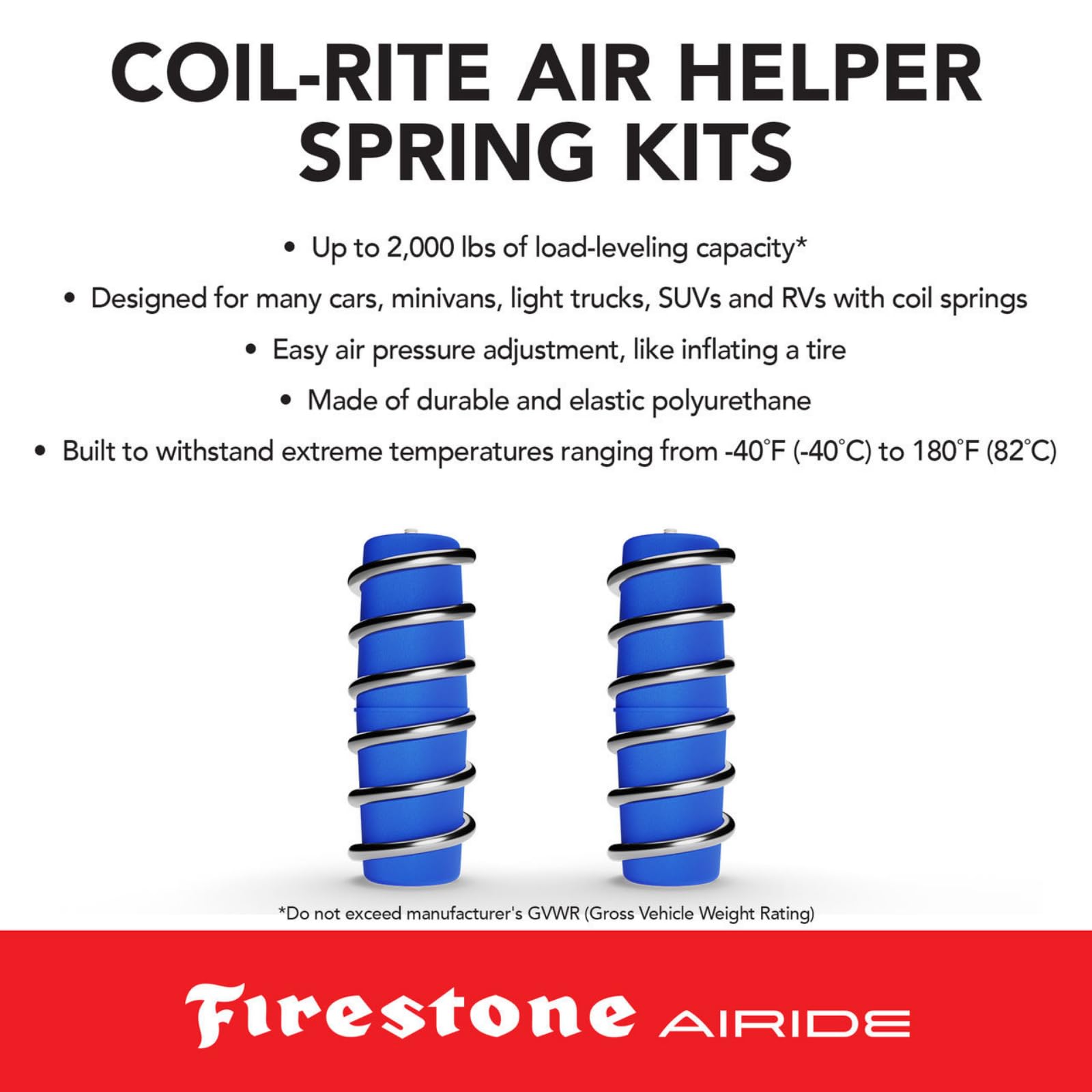 Firestone 4164 Airide Coil-Rite Rear Springs Kit fits 2008-2021 Land Cruiser and 2008-2016 Sequoia with Rear Coil Springs Only | 5-35 PSI | Load Capacity of 1,000 Pounds