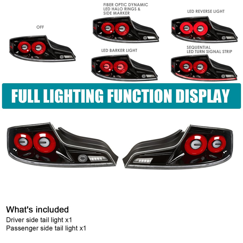 Full LED Tail Lights SPEC-D TUNING w/Red Fiber Optic Halo Ring, Sequential Turn Signal, and Startup Animation Compatible with 2003-2007 Infiniti G35, Left + Right Pair Assembly