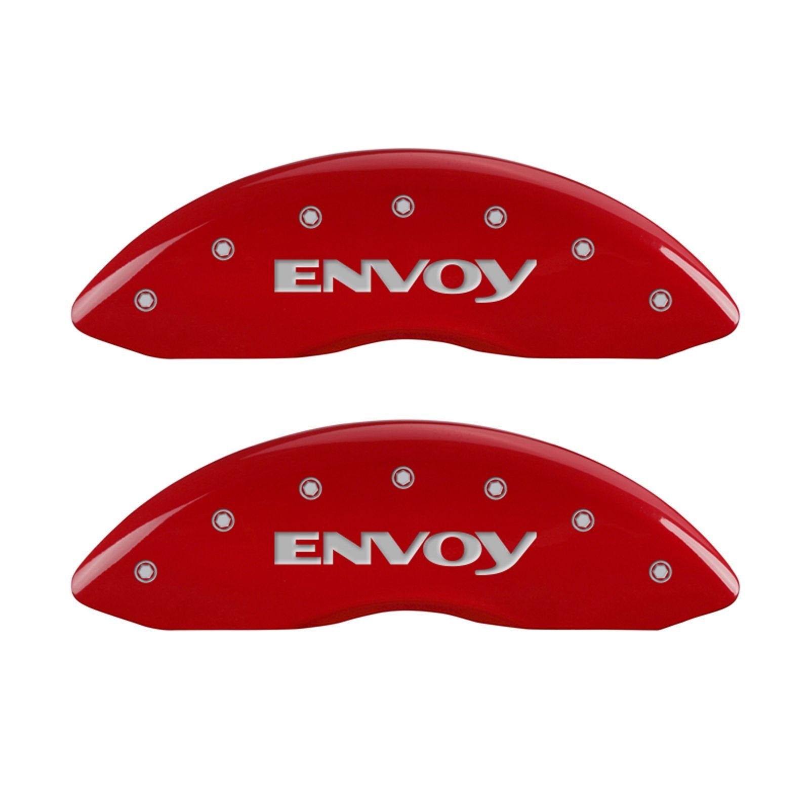 MGP Caliper Covers 'ENVOY' 34005SEVYRD Engraved Caliper Cover with Red Powder Coat Finish and Silver Characters, (Set of 4)
