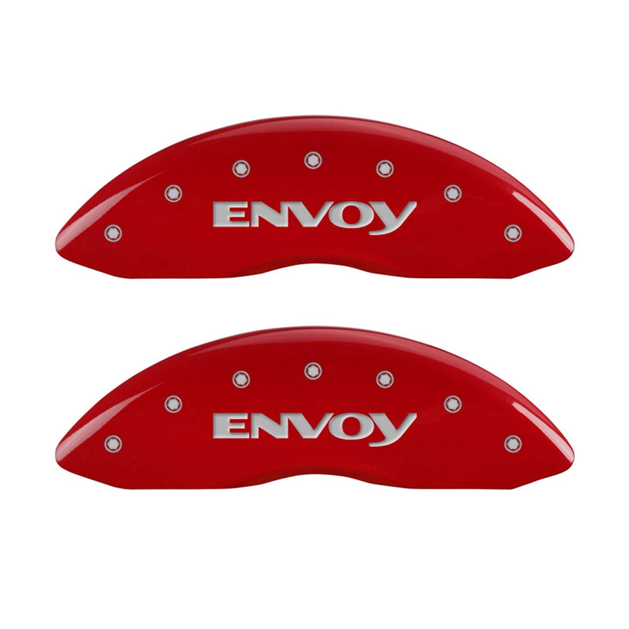 MGP Caliper Covers 'ENVOY' 34005SEVYRD Engraved Caliper Cover with Red Powder Coat Finish and Silver Characters, (Set of 4)