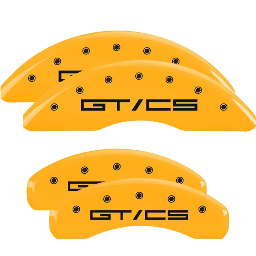 Brake Caliper Covers MGP for Ford Mustang GT, GT Premium 2015-2023 - Yellow Powder-Coated Finish, Engraved Black GT/CS Logo, Front and Rear Caliper Covers (Set of 4)