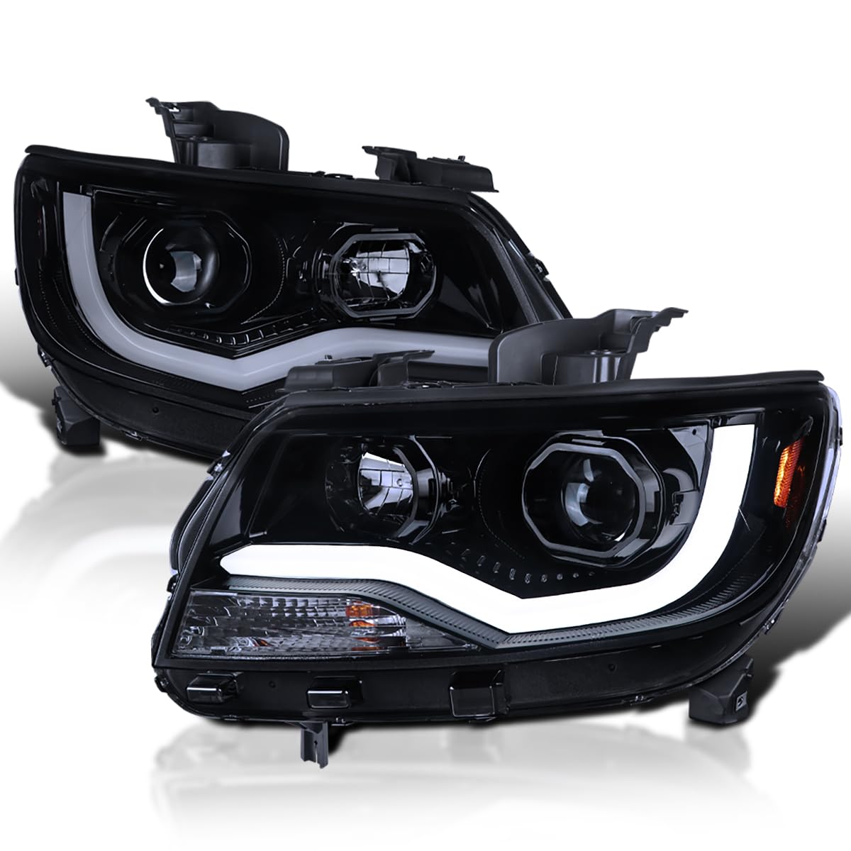 Glossy Black Smoke SPEC-D TUNING LED Light Bar Projector Headlights Compatible with 2015-2022 Chevy Colorado, Left + Right Pair Headlamps Assembly