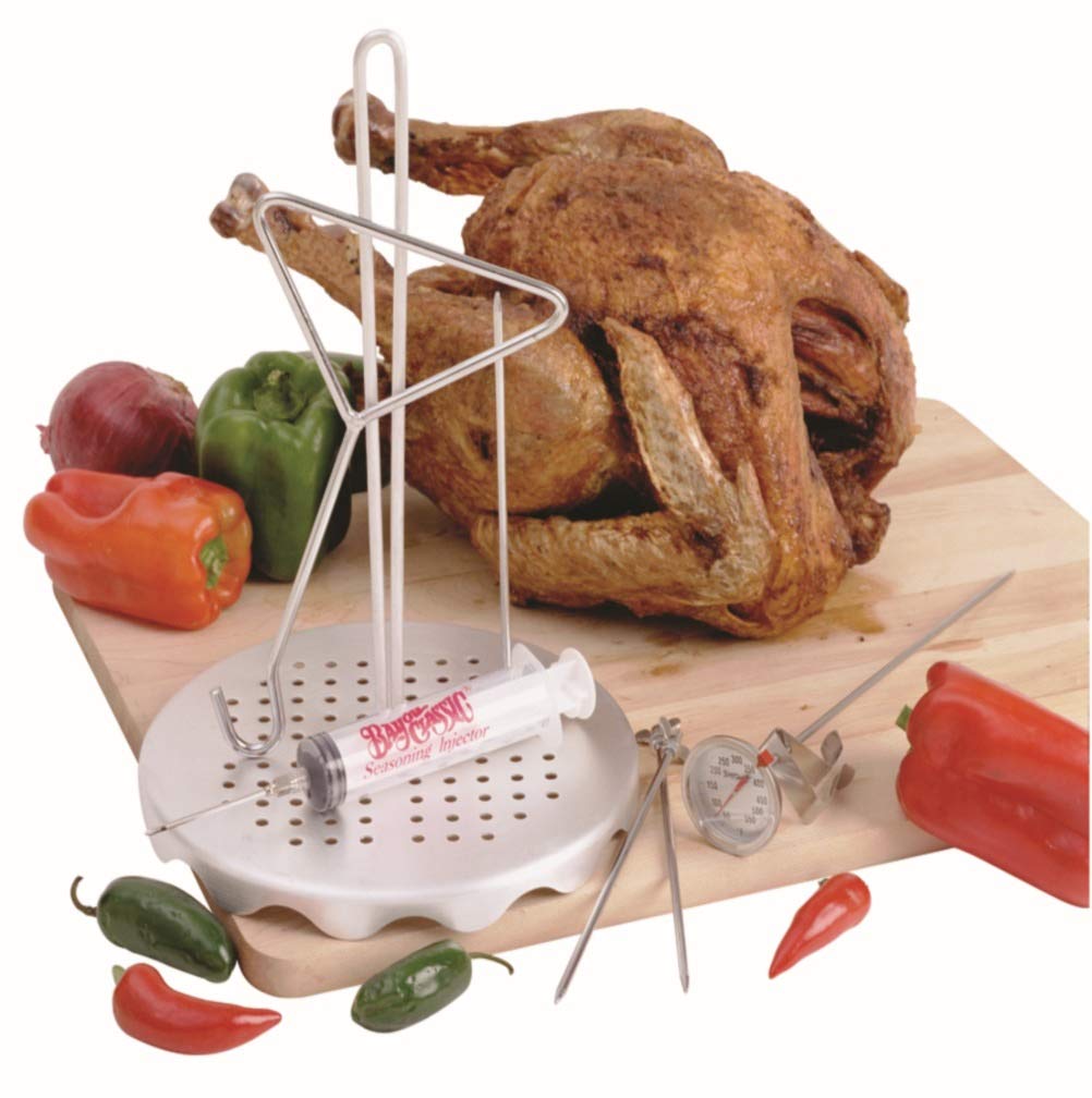 30-qt Bayou Classic Aluminum Turkey Fryer Kit Features w/ Lid Lift Hook and Rack 1-oz Seasoning Injector 12-in Fry Thermometer 19-in Tall Steel Cooker w/ 4-in Burner