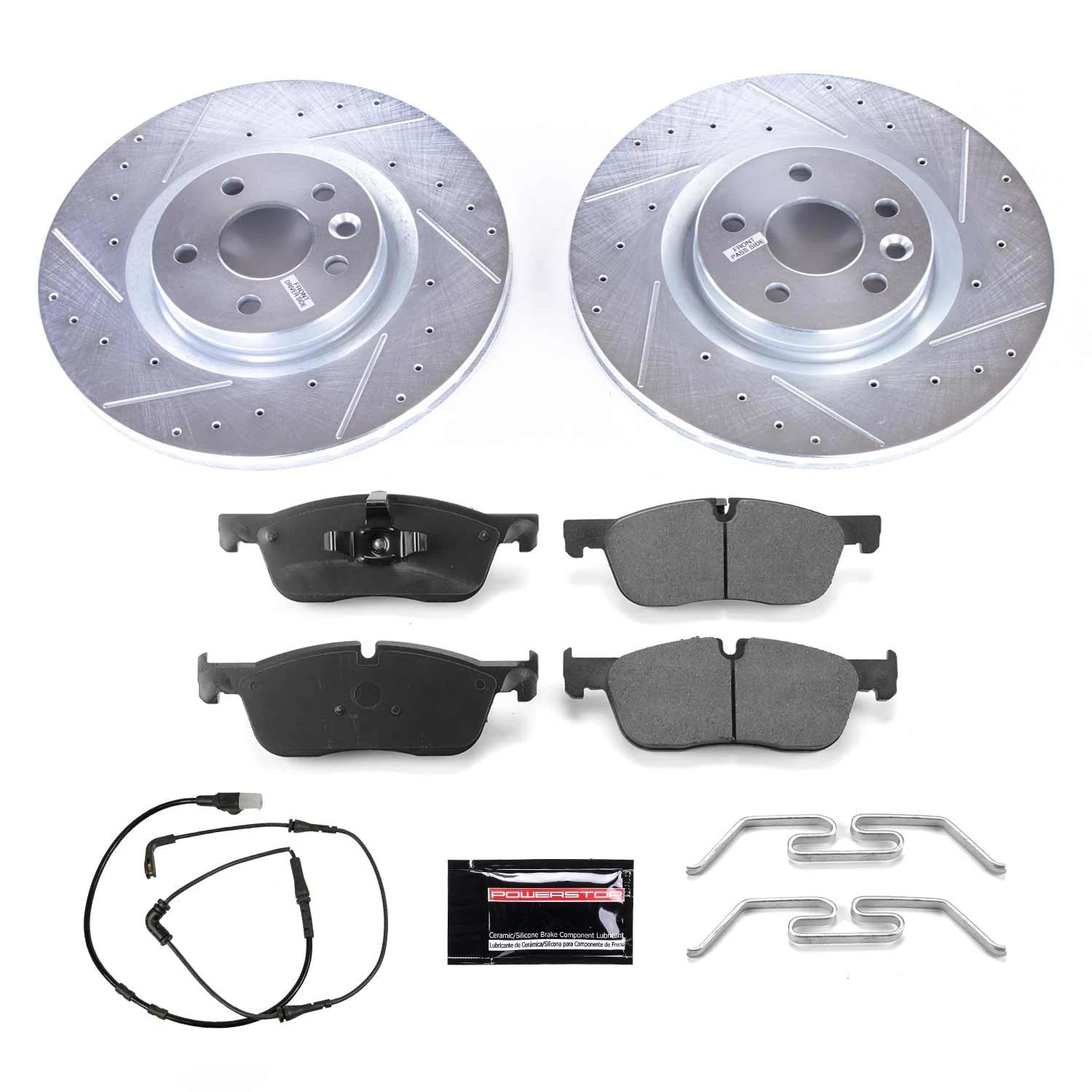 Power Stop K7991 Z23 Carbon Fiber Brake Pads with Drilled & Slotted Brake Rotors Kit and 1 Front Sensor Wire For Land Rover Discovery Sport, Land Rover Range Rover Evoque [Model Specific]