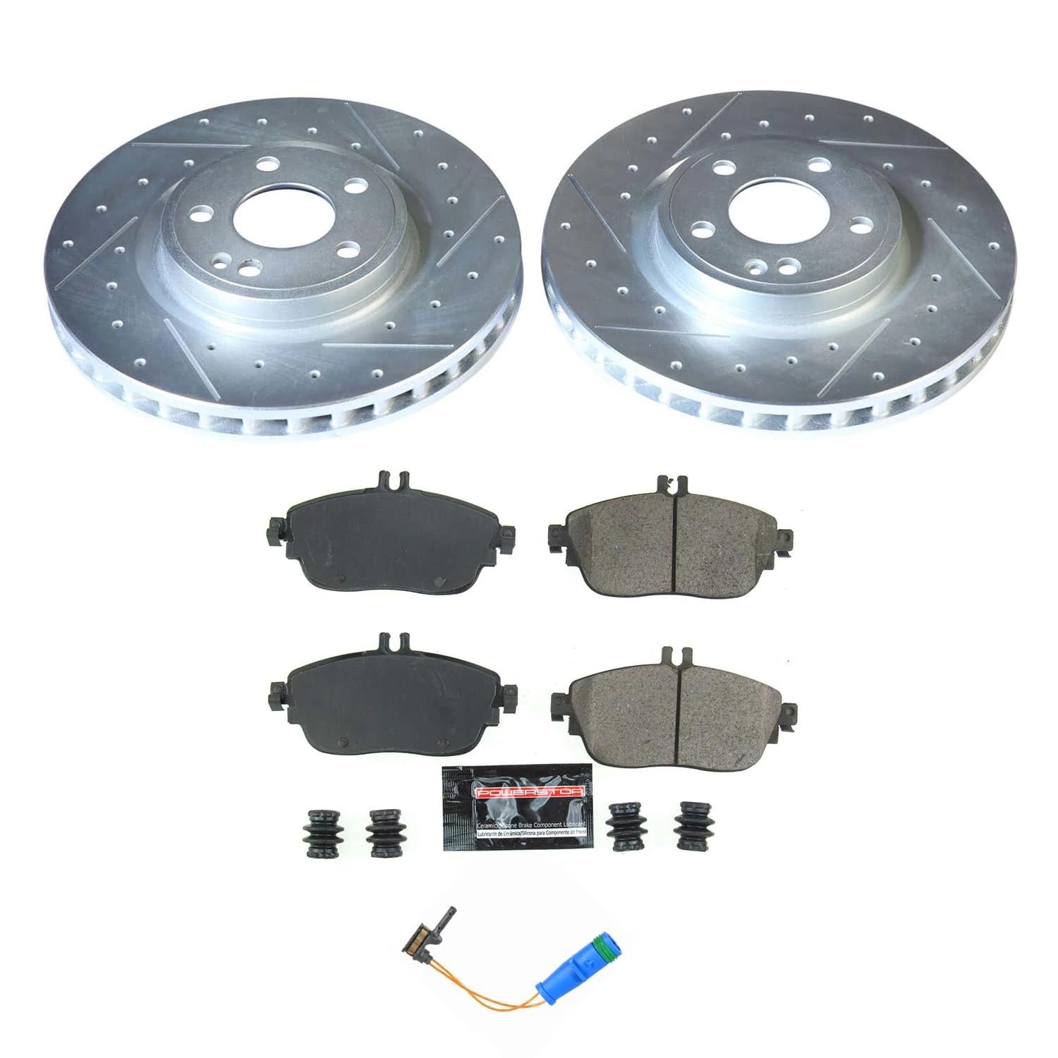 Power Stop K8266, Front Brake Kit-Drilled/Slotted Brake Rotors & Carbon Ceramic Brake Pads and 1 Front Sensor Wire For INFINITI QX30, Mercedes-Benz CLA250, Mercedes-Benz GLA250 [Model Specific]