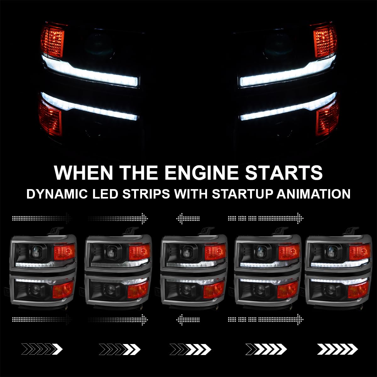 Black w/Silver Trim SPEC-D TUNING Projector Headlights w/Sequential Switchback LED Strip and Startup Animation Compatible with 2014-2015 Chevy Silverado 1500, Left + Right Pair Headlamps Assembly