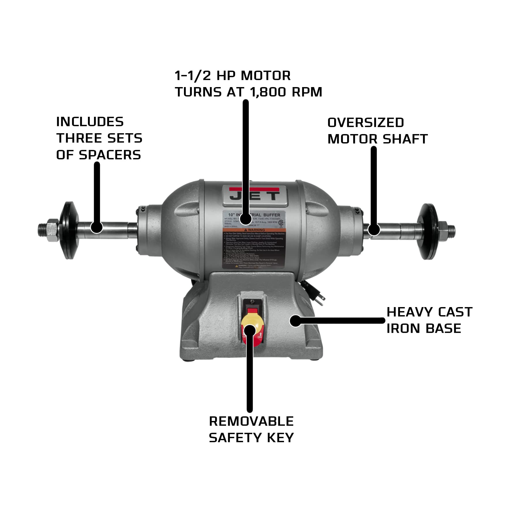 JET 10-Inch Buffer Industrial, 1800 RPM, 1-1/2 HP, 115V 1Ph (Model IBG-10SSB)