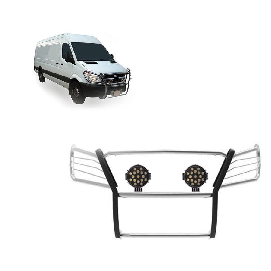Bumper Guard Modular S/S Black Horse Grille brush With pair of 7.0"LED Light Compatible with 07-09 Dodge-Freightliner Sprinter 2500/3500|07-11-Benz Sprinter|10-18-Benz sprinter 2500/3500-17D502MSS-PLB