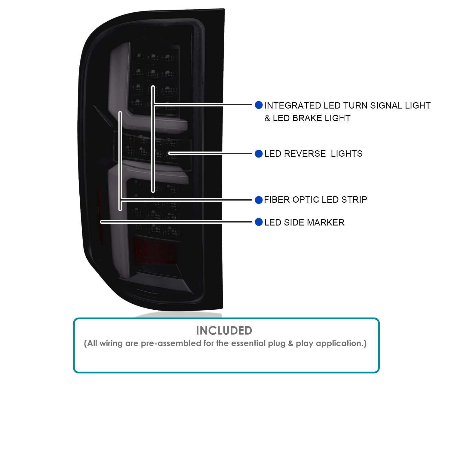 Glossy Black Smoke SPEC-D TUNING LED Tail Lights w/White LED Light Bars Compatible with 2007-2013 Chevy Silverado 1500/2500HD/3500HD, Left + Right Pair Assembly