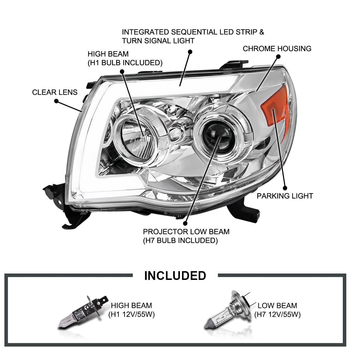 LED Tube Projector Headlights SPEC-D TUNING with Sequential Switchback Signal Compatible with 2005-2011 Toyota Tacoma, Left + Right Pair Headlamps Assembly