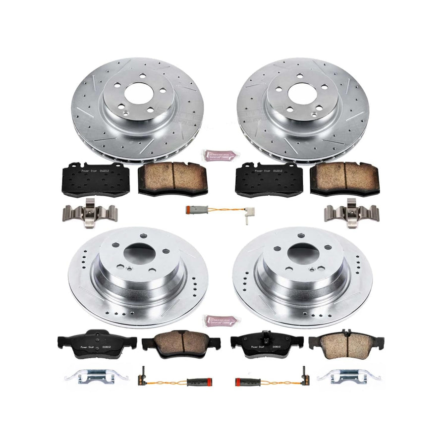 Power Stop K4513 Z23 Carbon Fiber Brake Pads Front and Rear with Drilled & Slotted Brake Rotors Kit For Mercedes-Benz E500 2004-2006 [Model Specific]