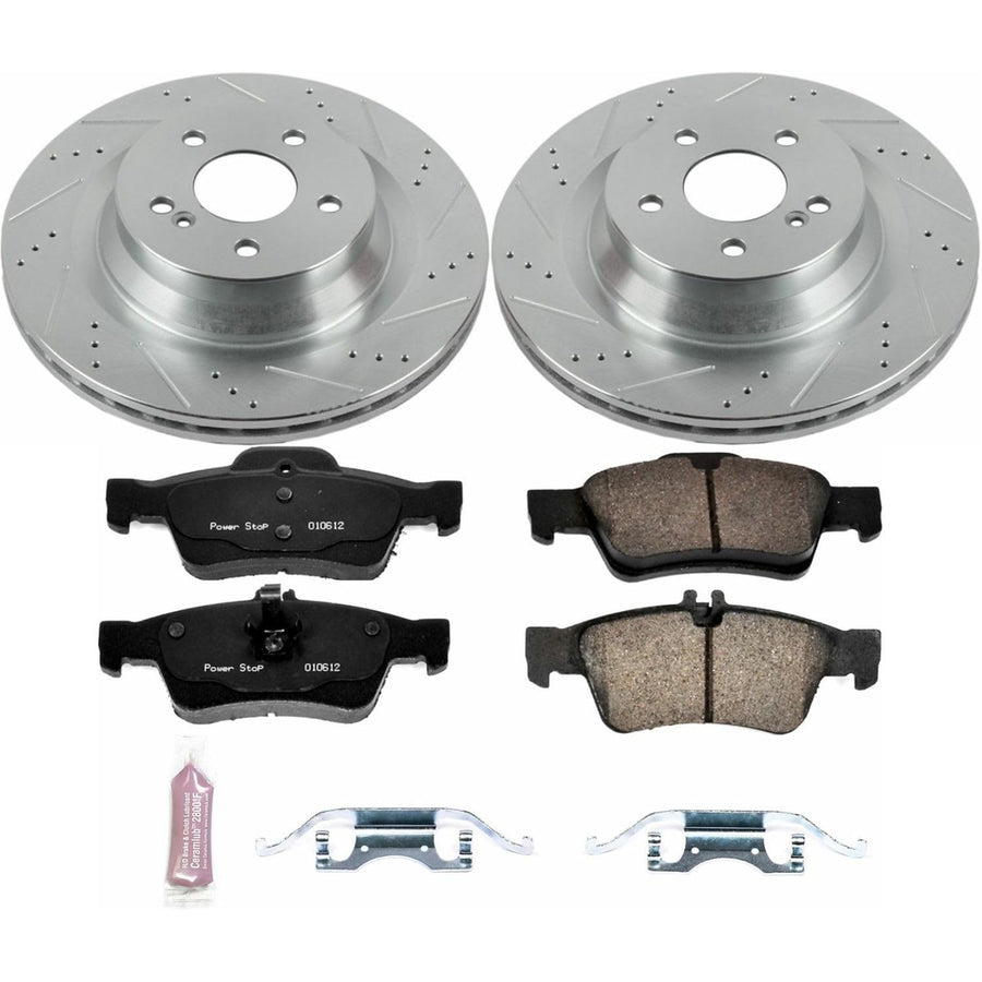 Power Stop K6881 Rear Brake Pads Z23 Carbon Fiber with Drilled & Slotted Brake Rotors Kit and 1 Rear Sensor Wire