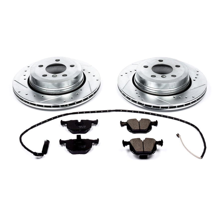 Power Stop K5738 Rear Brake Pads Z23 Carbon Fiber with Drilled & Slotted Brake Rotors Kit and 1 Rear Sensor Wire For BMW X3 2004-2010 [Model Specific]