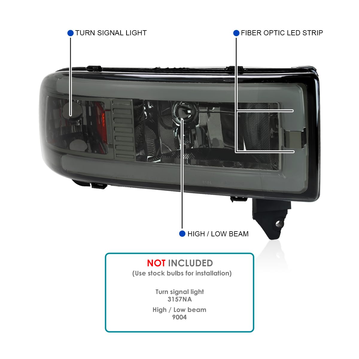 Smoke Headlights w/LED Tube SPEC-D TUNING Compatible with 1994-2001 Dodge Ram 1500, 2500, 3500, Left + Right Pair Headlamps Assembly