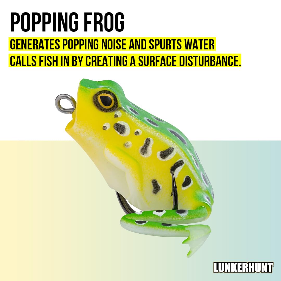 Frog Fishing Lure Lunkerhunt for Bass Fishing | Popping Frog 0.5 oz | Topwater Fishing Bait with Weedless Hooks, Hollow Body (Leopard)