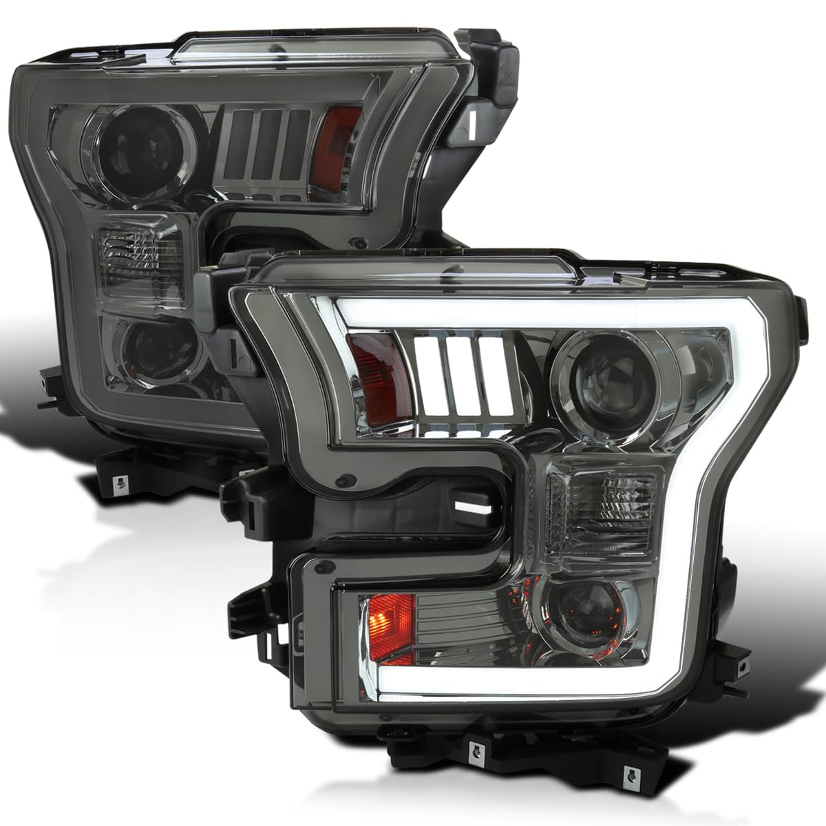 Smoke SPEC-D TUNING Projector Headlights w/LED Light Bar Compatible with 2015-2017 Ford F-150, Left + Right Pair Headlamps Assembly