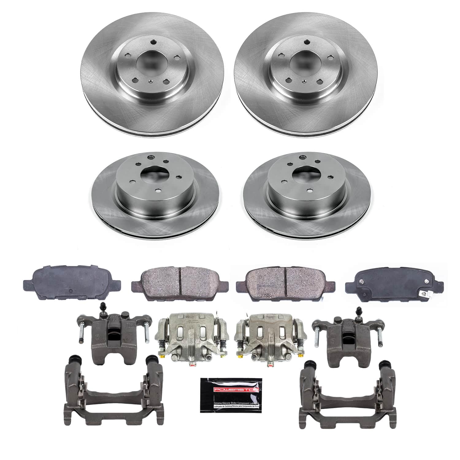 POWERSTOP Stock Replacement Brake Pads and Rotors Kit with Calipers Front and Rear For INFINITI EX35 2008-2009, INFINITI M35 2010, INFINITI M45 2010, Nissan 370Z 2009 [Vehicle Specific]