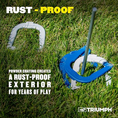 Triumph Premium Forged Horseshoe Set Triumph Complete with 4 Horseshoes, 2 Stakes and Hard Plastic Case with Locking Tabs for Transportation and Storage