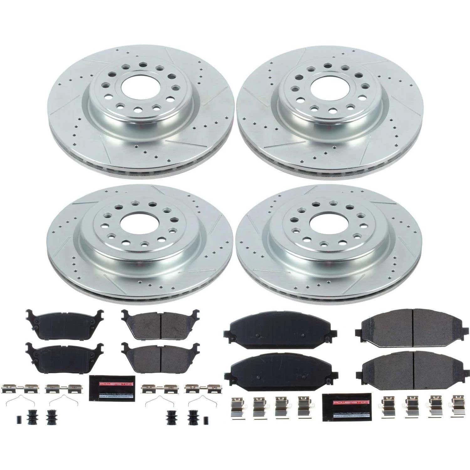 Power Stop K8182 Z23 Carbon Fiber Brake Pads Front and Rear with Drilled and Slotted Brake Rotors Kit For 2019 2020 2021 2022 Ram 1500