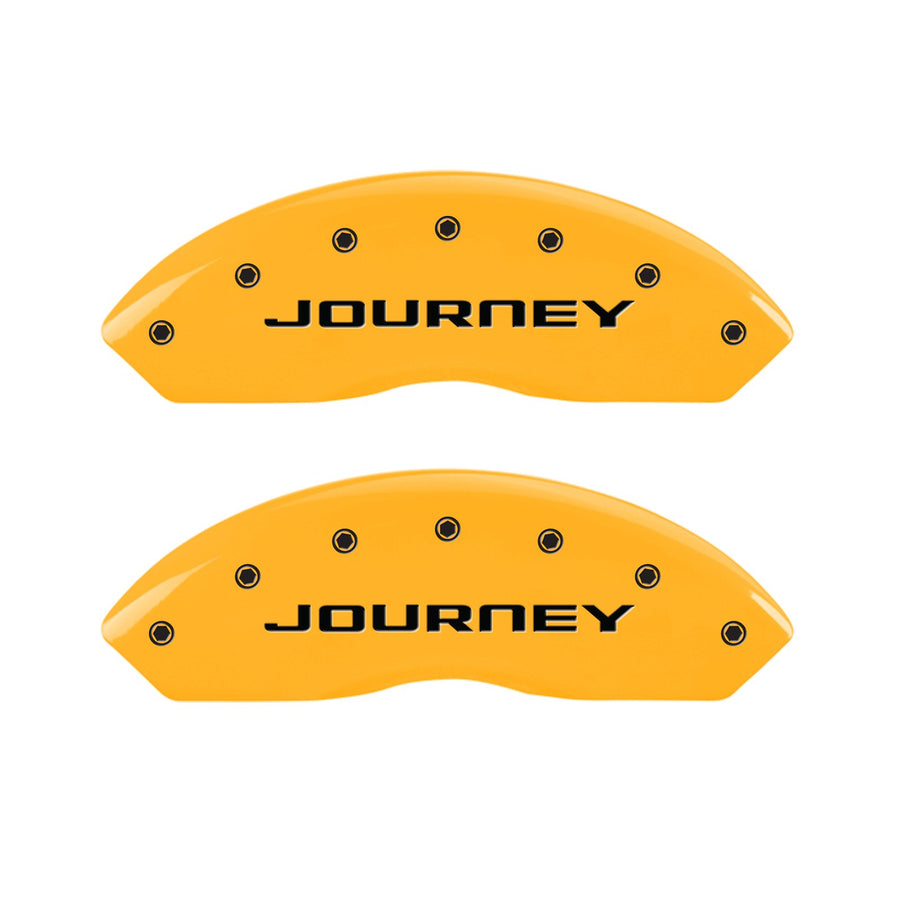 Caliper Covers MGP 12200SJN1YL, Set of 4 (Yellow Engraved Front and Rear: with Out Stripes/Journey Powder Coat Finish Black Characters)