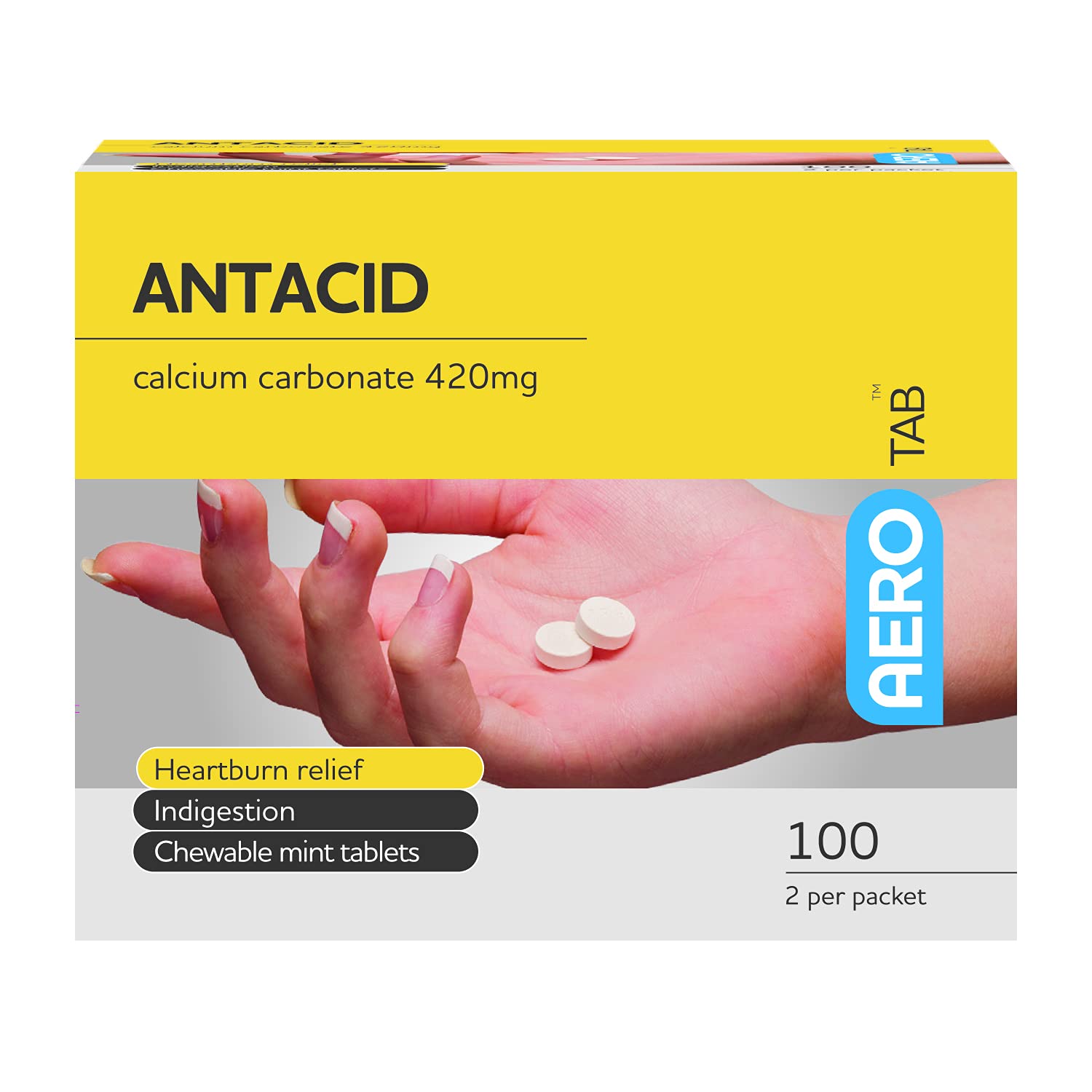 Aero Healthcare AEROTAB Mint Flavored Antacid Tablets ATAN100, 420mg Calcium Carbonate, 100 Tablets per Box