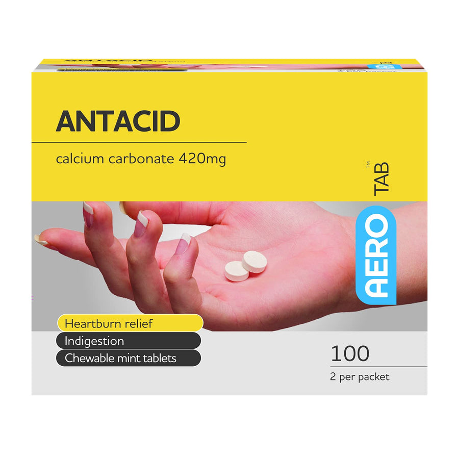 Aero Healthcare AEROTAB Mint Flavored Antacid Tablets ATAN100, 420mg Calcium Carbonate, 100 Tablets per Box