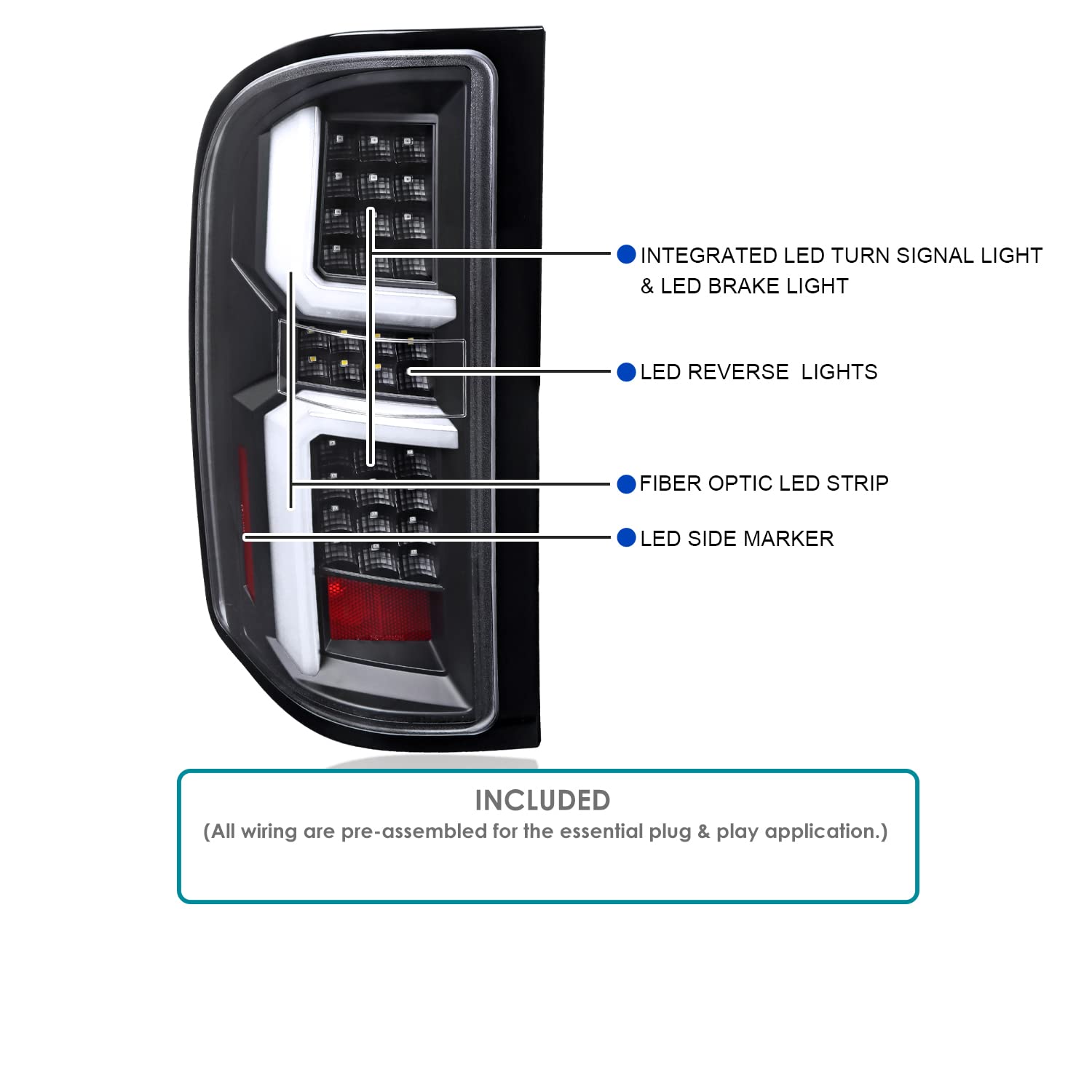 Black LED Tail Lights SPEC-D TUNING w/White LED Light Bars Compatible with 2007-2013 Chevy Silverado 1500/2500HD/3500HD, Left + Right Pair Assembly