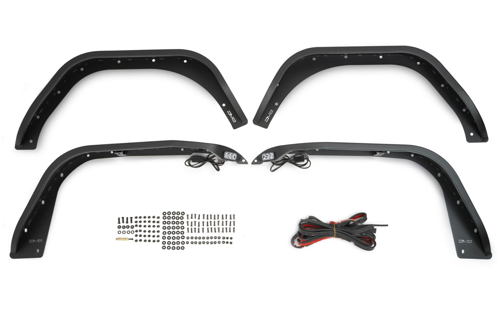 Slim Fender Flares DV8 Offroad for the 2018-2025 Jeep Wrangler JL | Front & Rear | Steel Construction | Complete Set of 4 | Plug & Play Dual Stage Running Lights & Turn Signal | Includes Rubber Seal