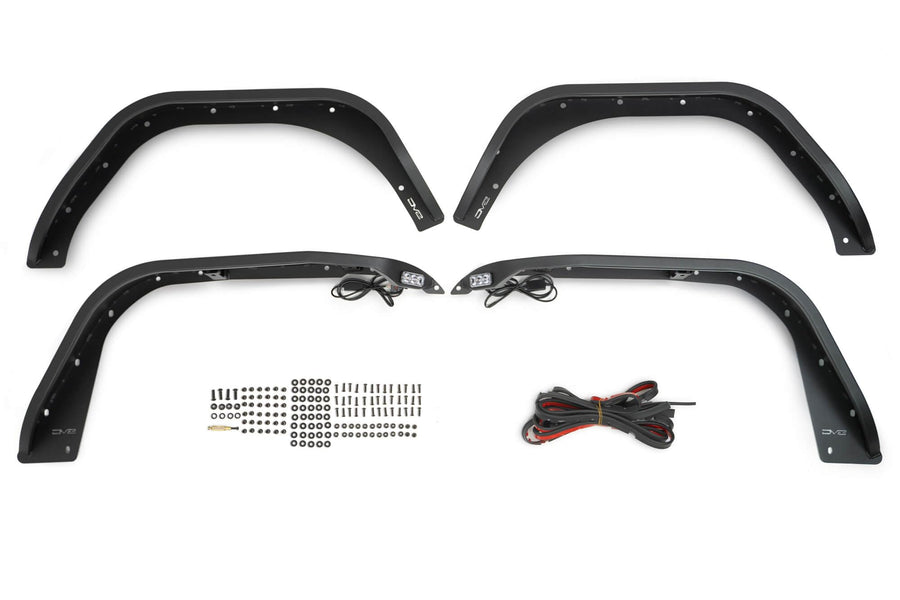 Slim Fender Flares DV8 Offroad for the 2018-2025 Jeep Wrangler JL | Front & Rear | Steel Construction | Complete Set of 4 | Plug & Play Dual Stage Running Lights & Turn Signal | Includes Rubber Seal