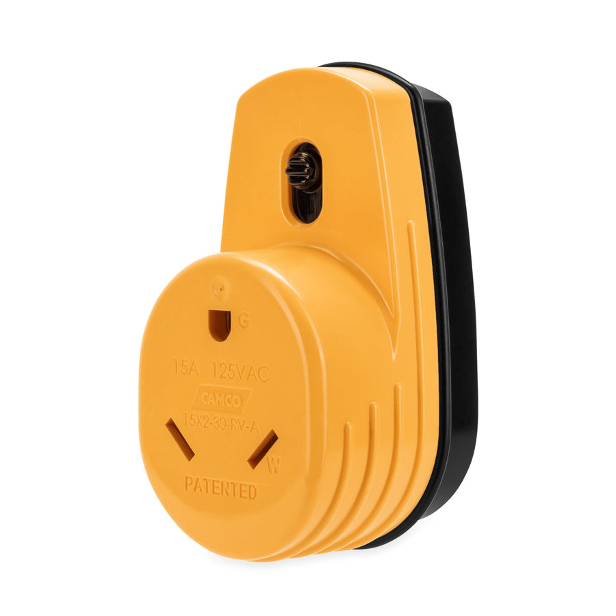 Camco RV PowerGrip Two-Plug 15-Amp to Single 30-Amp Adapter |125 V/1875 W (55225), Yellow