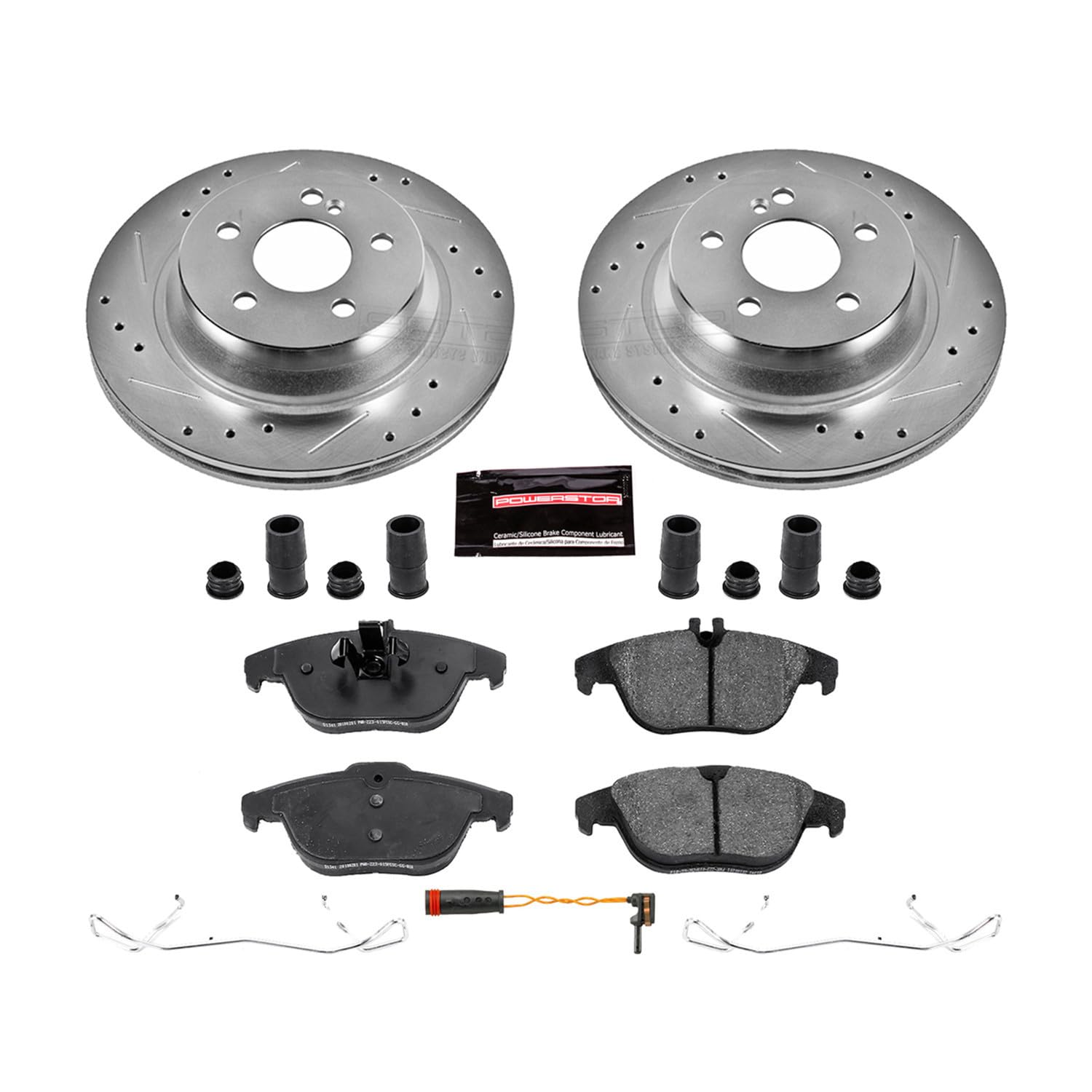 Power Stop K6715 Z23 Rear Carbon Fiber Brake Pads with Drilled & Slotted Brake Rotors Kit and 1 Rear Sensor Wire