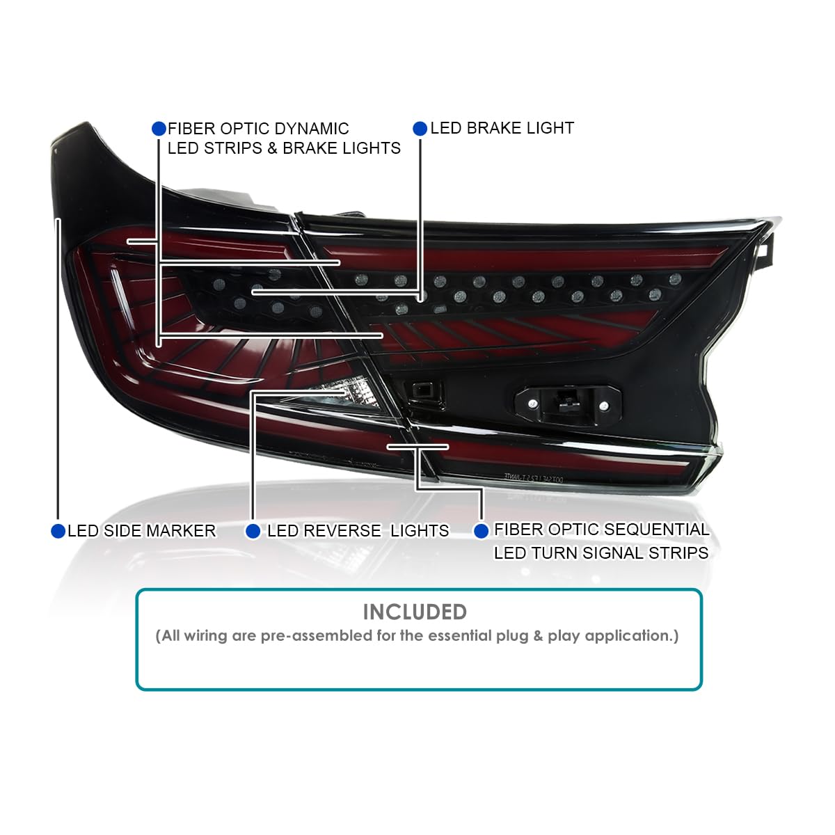Black Smoke LED Sequential Tail Lights w/Red Light Strips and Startup Animation SPEC-D TUNING Compatible with 2018-2022 Honda Accord 4Dr Sedan, Left + Right Pair Assembly