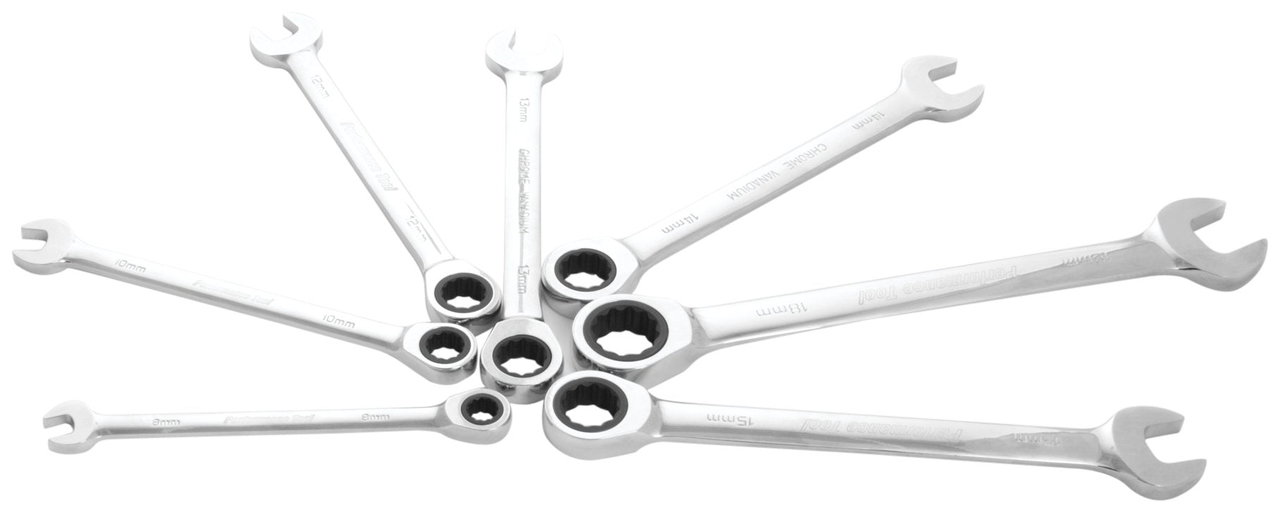 W30631 Performance Tool 7pc Metric Combo Ratcheting Wrench Set | Drop Forged Chrome Vanadium Steel | Corrosion Resistant Finish & 100 Gear Teeth | Sizes: 8, 10, 12, 13, 14, 15 and 18mm