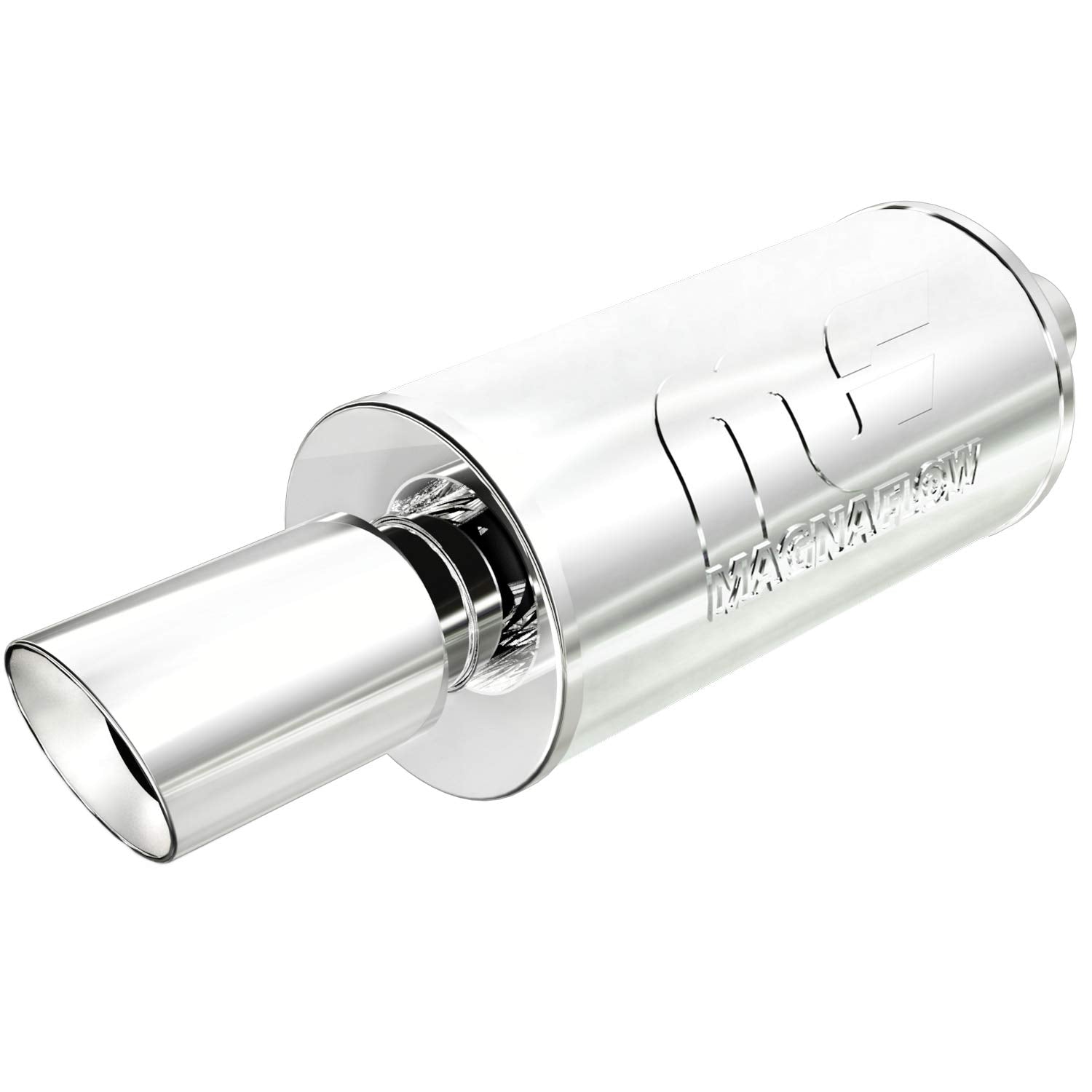Performance MagnaFlow Exhaust Muffler 14826: 2.25"/4" Inlet/Outlet, 7x7x14" Round, Stainless Steel, Brushed Finish