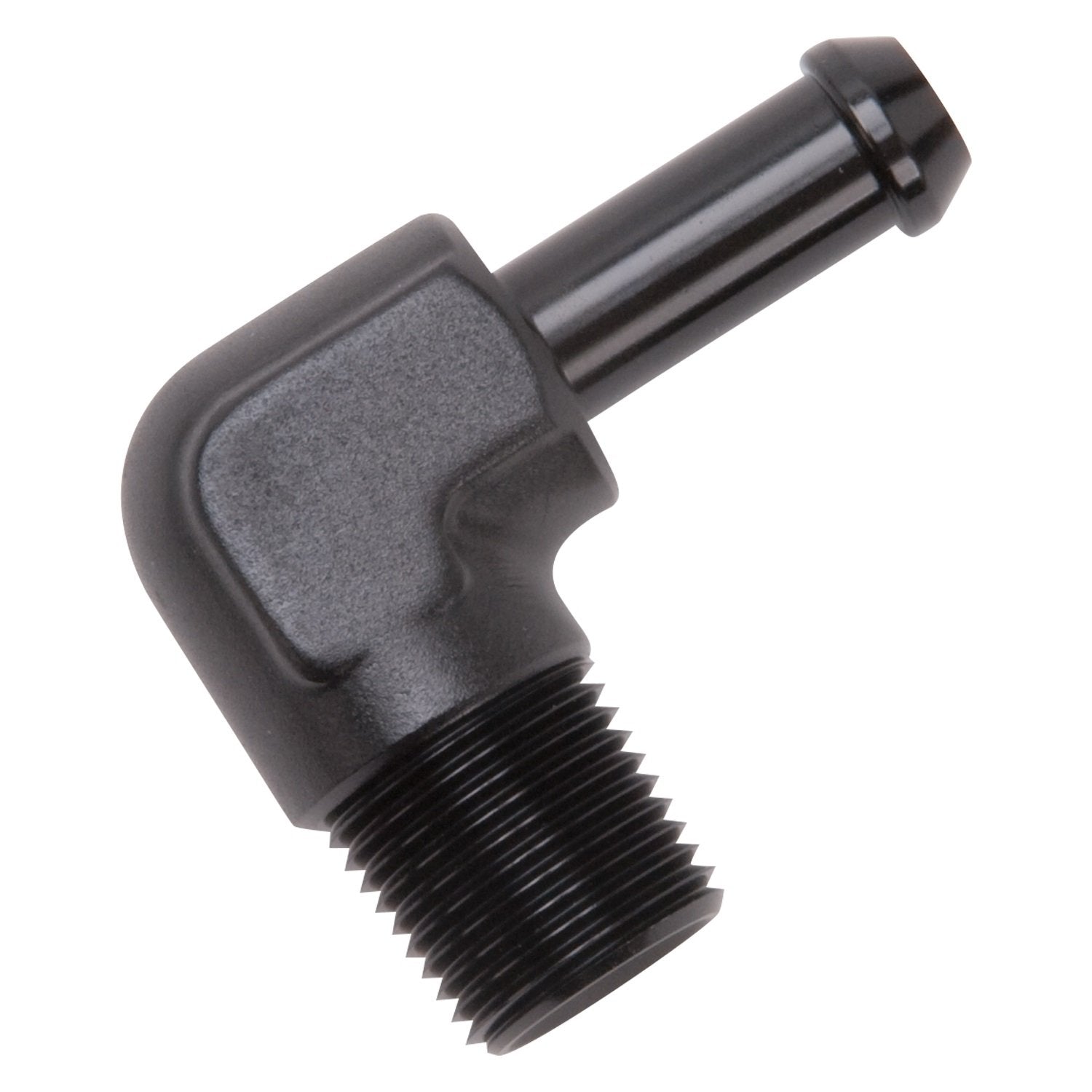 Edelbrock Heater Hose Fitting 90 Degree 3/8 in. NPT And 3/8 in. Barb Black 8167