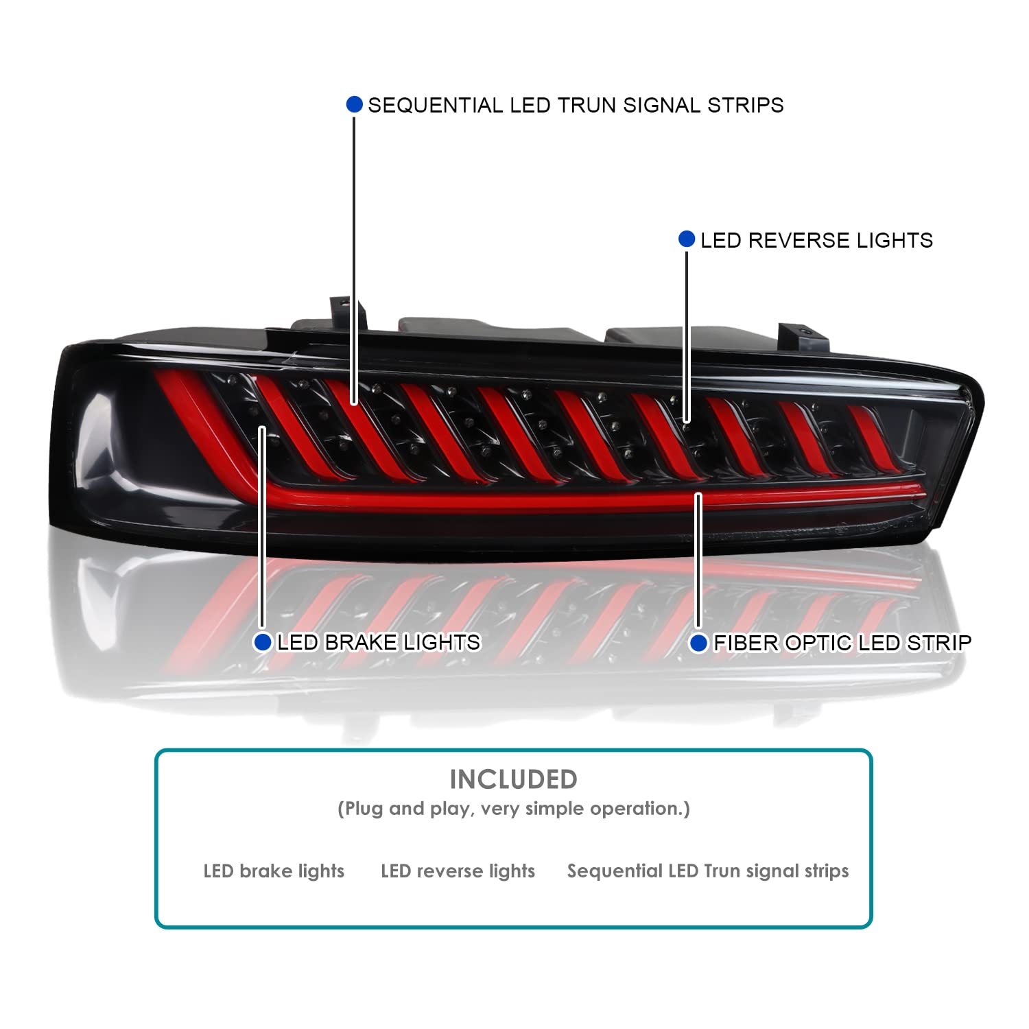 LED Tail Lights Spec-D Tuning Glossy Black Compatible with 2016-2018 Chevy Camaro with factory LED type tail lights, Left + Right Pair Assembly