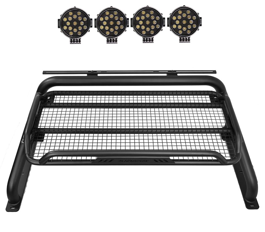 Atlas Roll Bar Black Horse incl. Pair of 7.0" Dia. Led Lights w/Black Trim Rings Black Compatible with 2015-2024 Chevrolet Colorado|2015-2024 GMC Canyon-ATRB5BK-PLB