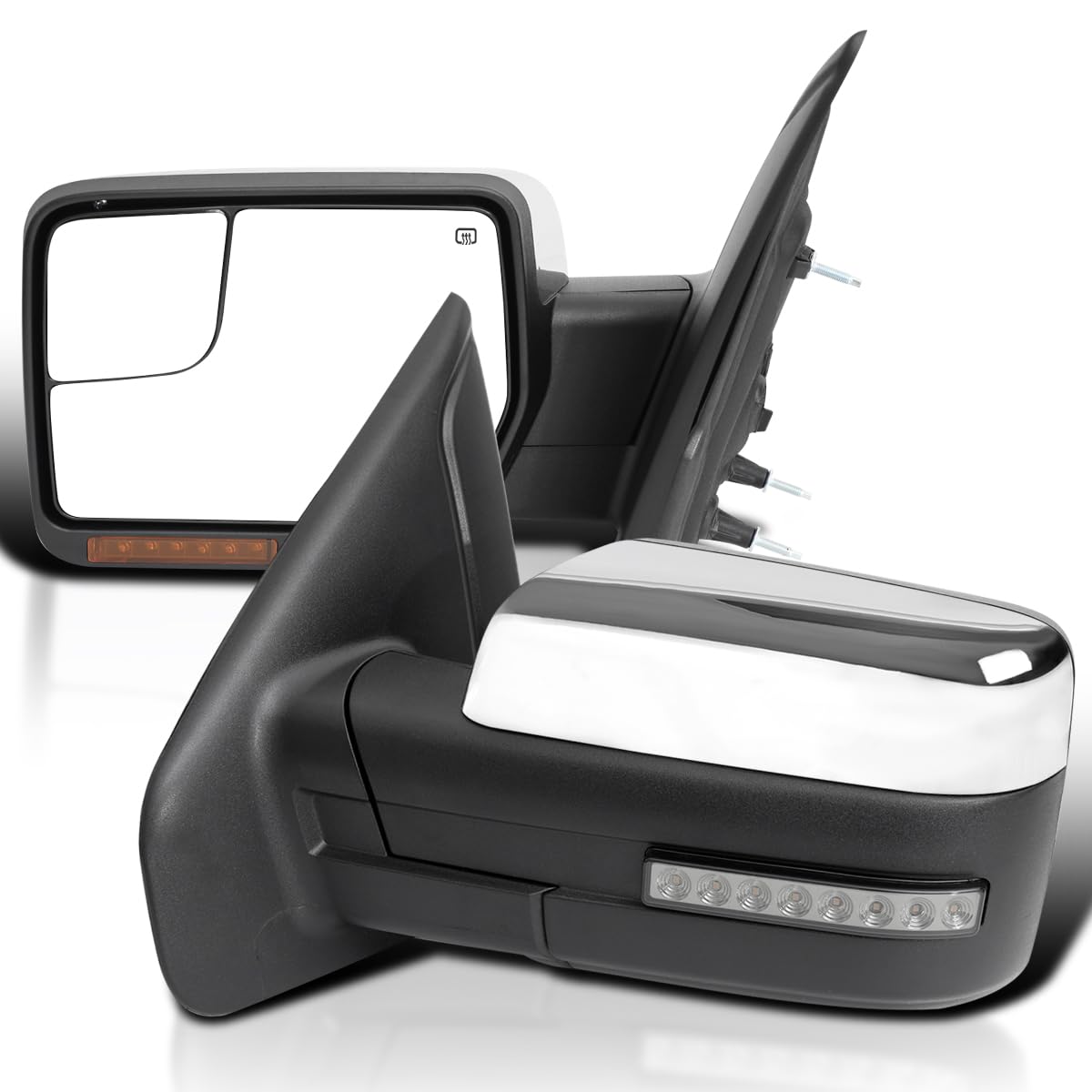 Power Spec-D Tuning Chrome Heated + LED Signal + Puddle Light Side Mirrors Compatible with 2007-2014 Ford F-150, Left + Right Pair