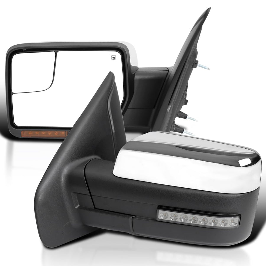 Power Spec-D Tuning Chrome Heated + LED Signal + Puddle Light Side Mirrors Compatible with 2007-2014 Ford F-150, Left + Right Pair